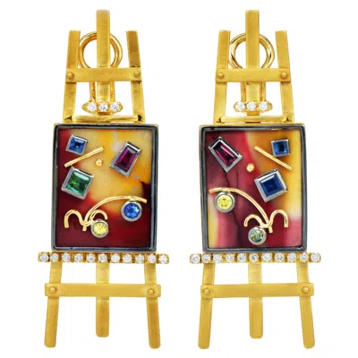 Pre-owned Sauer Designer 18k Yellow Gold Multigemstone Easel Painting Earrings