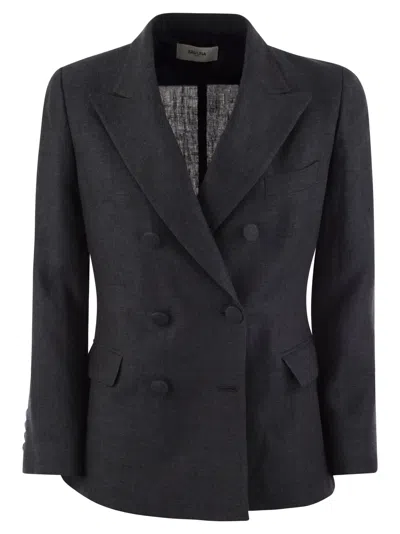 Saulina Double-breasted Linen Jacket In Blue