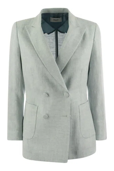 Saulina Assunta - Double-breasted Linen Jacket In Light Blue