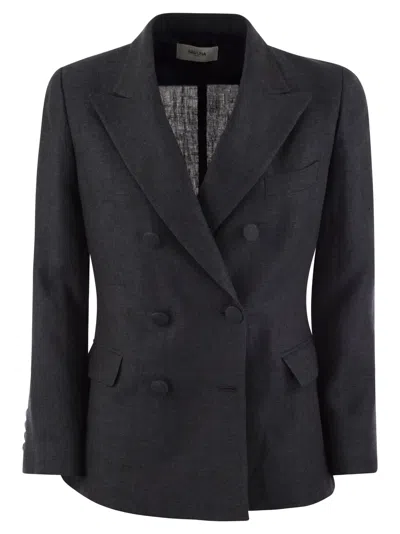 Saulina Milano Anna - Double-breasted Linen Jacket In Blue