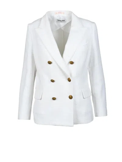 Saulina White Double-breasted Gold Button Cotton Blazer In Multi