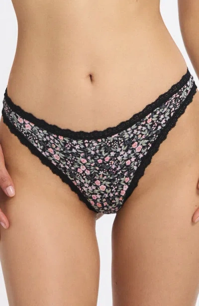 Savage X Fenty Cotton Essentials Lace Trim Thong In Black Caviar Floral Pop Print