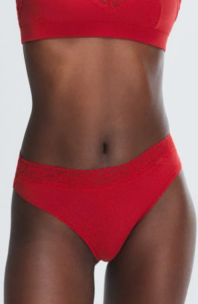 Savage X Fenty Essentials Lace Trim Stretch Cotton Thong In Red