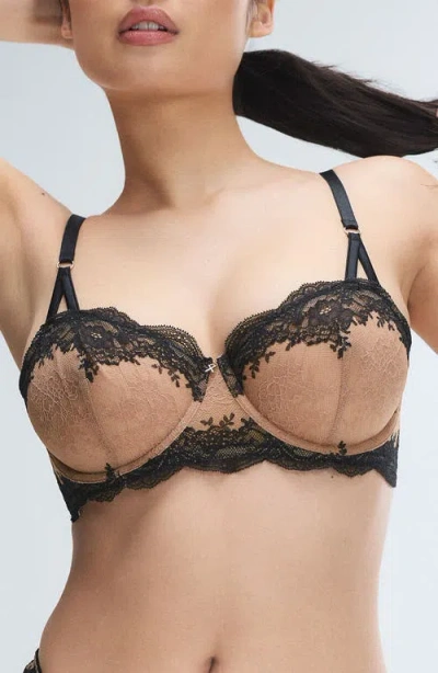 Savage X Fenty Lacestruck Unlined Balconette Bra In Tiramisu Tan/black Caviar