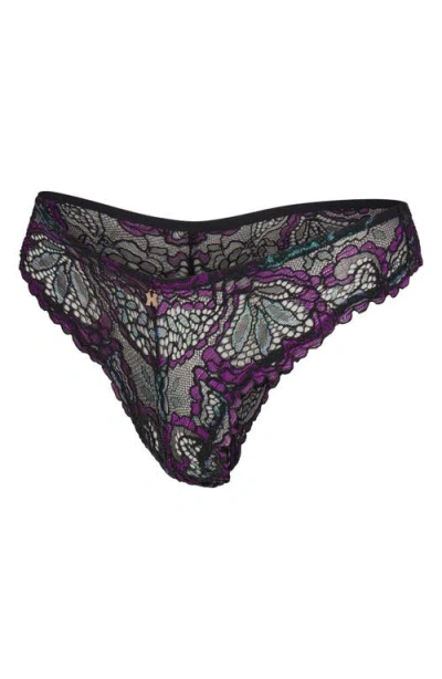 Savage X Fenty Romantic Corded Lace Brazilian Briefs In Black Caviar/purple Metallic