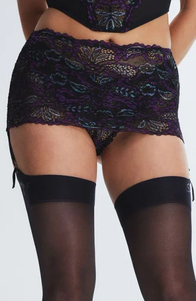 Savage X Fenty Romantic Corded Lace Garter Belt In Black Caviar/purple Metallic