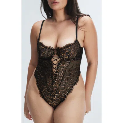 Savage X Fenty Savage Not Sorry Sheer Lace Teddy In Black Caviar/bronze Metallic