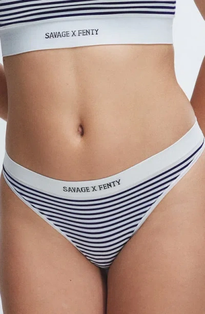 Savage X Fenty Seamless Stripe Thong In Hazy White/dark Stormy Blue
