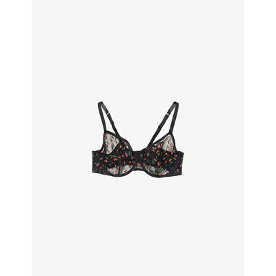 Savage X Fenty Womens  Cherries Underwired Mesh Demi Bra In Black Caviar