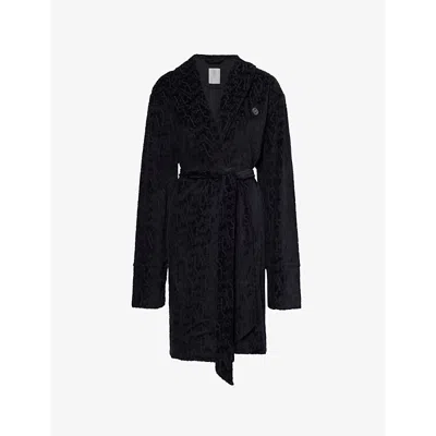 Savage X Fenty Womens  Signature Script Velour Robe In Black Caviar