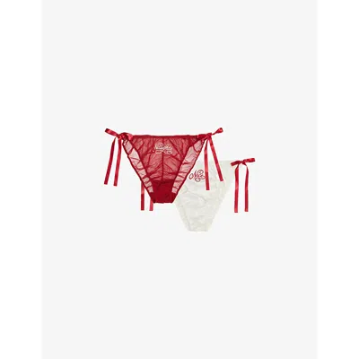 Savage X Fenty Womens  Flirty And Wordy Pack Of Two Woven Briefs In White/red