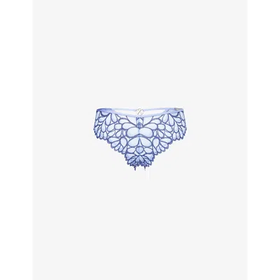 Savage X Fenty Womens  Savage Not Sorry Strappy Cut-out Cheeky Lace Briefs In Prpl Prismdrk&stormy Blu