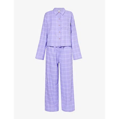 Savage X Fenty Womens Flannel Feels Check Cotton-blend Pyjama Set Purple Lavender Plaid