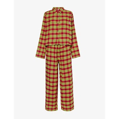 Savage X Fenty Womens  Flannel Feels Check Cotton-blend Pyjama Set In Sge Dy Grn/ Red Cgnc Pld