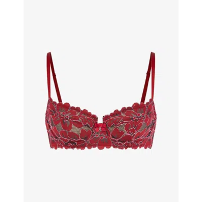 Savage X Fenty Womens  Floral Unlined Balconette Corded Lace Bra In Burgundy
