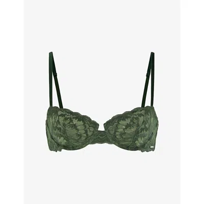 Savage X Fenty Womens  Plush Rush Velvet Unlined Balconette Velvet Lace Bra In Green