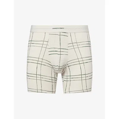 Savage X Fenty X Fenty Mens Grey Drawn Plaid Logo-waistband Cotton-jersey Boxer Briefs In White