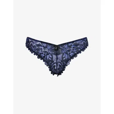 Savage X Fenty X Fenty Womens Blue Infinity Metallic Floral Brazilian Shimmer Corded Lace Briefs Xs