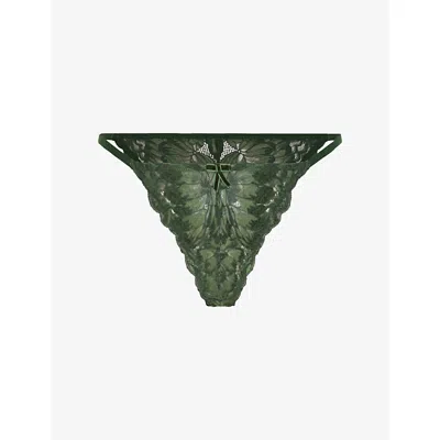 Savage X Fenty X Fenty Womens Green Juniper Plush Rush Velvet String Brazilian Velvet Lace Briefs