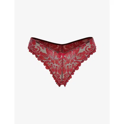 Savage X Fenty X Fenty Womens Red Cognac Floral Brazilian Corded Lace Briefs