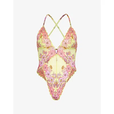 Savage X Fenty X Fenty Womens Sun Lime Floral Ply Lace Mod Poppy Lace Body In Pink