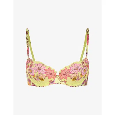 Savage X Fenty X Fenty Womens Sun Lime Floral Ply Lace Mod Poppy Unlined Lace Balconette Bra In Multi