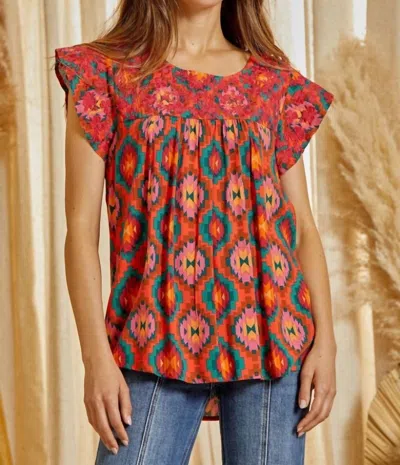 Savanna Jane Aztec Embroidered Flutter Sleeve Top In Multi Color