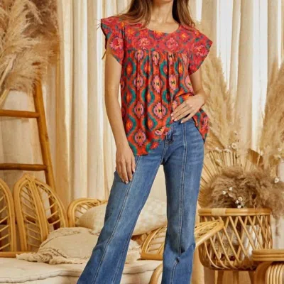 SAVANNA JANE AZTEC EMBROIDERED FLUTTER SLEEVE TOP IN MULTI COLOR