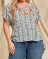 SAVANNA JANE AZTEC PRINT FLORAL EMBROIDERY BLOUSE IN TEAL