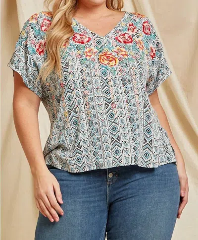 Savanna Jane Aztec Print Floral Embroidery Blouse In Teal In Green