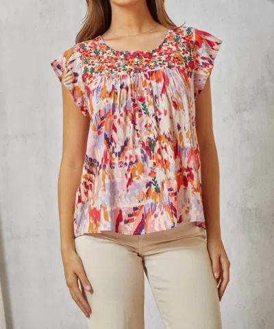 Savanna Jane Babydoll Top With Embroidered Yoke In Multi