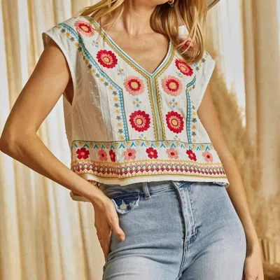 Savanna Jane Contemporary Embroidery Top In White In Multi