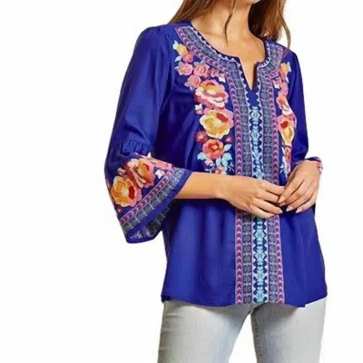 Savanna Jane Embroidered Top With Bell Sleeves In  In Blue