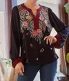SAVANNA JANE EMBROIDERED TOP WITH V NECKLINE AND BALLOON SLEEVES IN BLACK