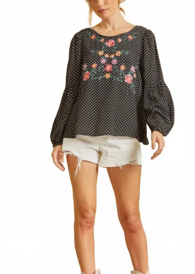 Savanna Jane Floral Embroidery Polka Dot Top In Blue In Black