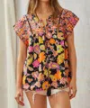 Savanna Jane Print Babydoll Top With Floral Embroidery In Orange In Multi