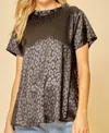Savanna Jane Short Sleeve Satin Leopard Top In Black In Grey
