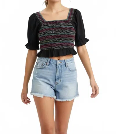 Savanna Jane Smocked Crop Top With Colorful Embroidered Front In Black