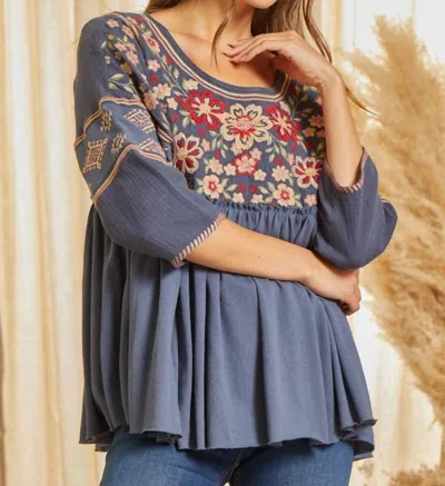 Savanna Jane Young Contemporary Emb Top In Denim Blue/emb In Multi