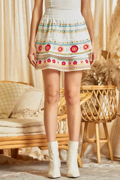 Savanna Jane Young Contemporary Tiered Embroidered Skirt In White W/ Multi