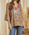 Savannah Jane Bell Sleeve Embroidered Top In Mustard In Multi