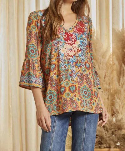 Savannah Jane Bell Sleeve Embroidered Top In Mustard In Yellow