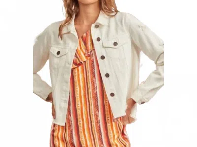 Savannah Jane Denim Embroidered Jacket In White Multi In Beige