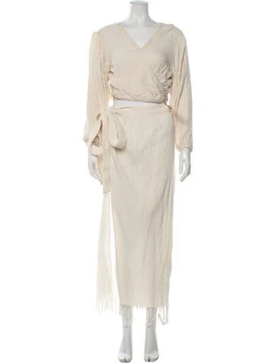 Pre-owned Savannah Morrow The Label Silk Fringe Trim Accent Skirt Set In Neutrals