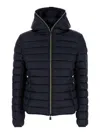 Save The Duck 'alexis' Blue Hooded Down Jacket With Tonal Logo Print In Shiny Nylon Woman In Blue