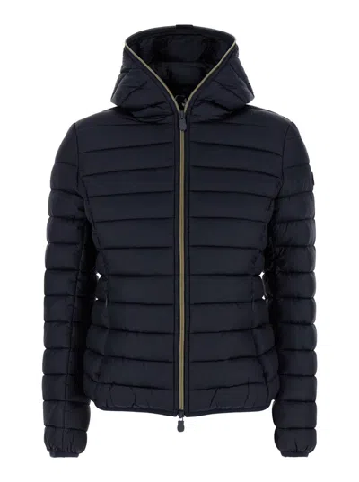 SAVE THE DUCK 'ALEXIS' BLUE HOODED DOWN JACKET WITH TONAL LOGO PRINT IN SHINY NYLON WOMAN