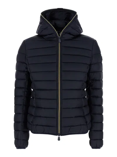 Save The Duck 'alexis' Blue Hooded Down Jacket With Tonal Logo Print In Shiny Nylon Woman