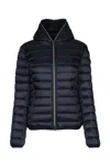 Save The Duck 'alexis' Blue Hooded Down Jacket With Tonal Logo Print In Shiny Nylon Woman In Blueblack
