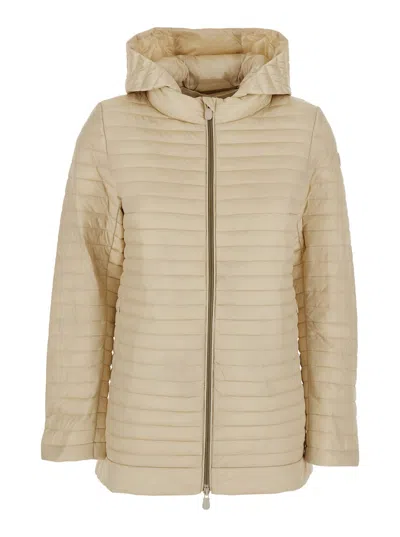 SAVE THE DUCK ALIMA BEIGE DOWN JACKET WITH TONE-ON-TONE LOGO PATCH ON THE SLEEVE IN TECH FABRIC WOMAN