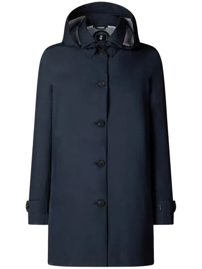 Save The Duck Hooded Buttoned Coat In Blue